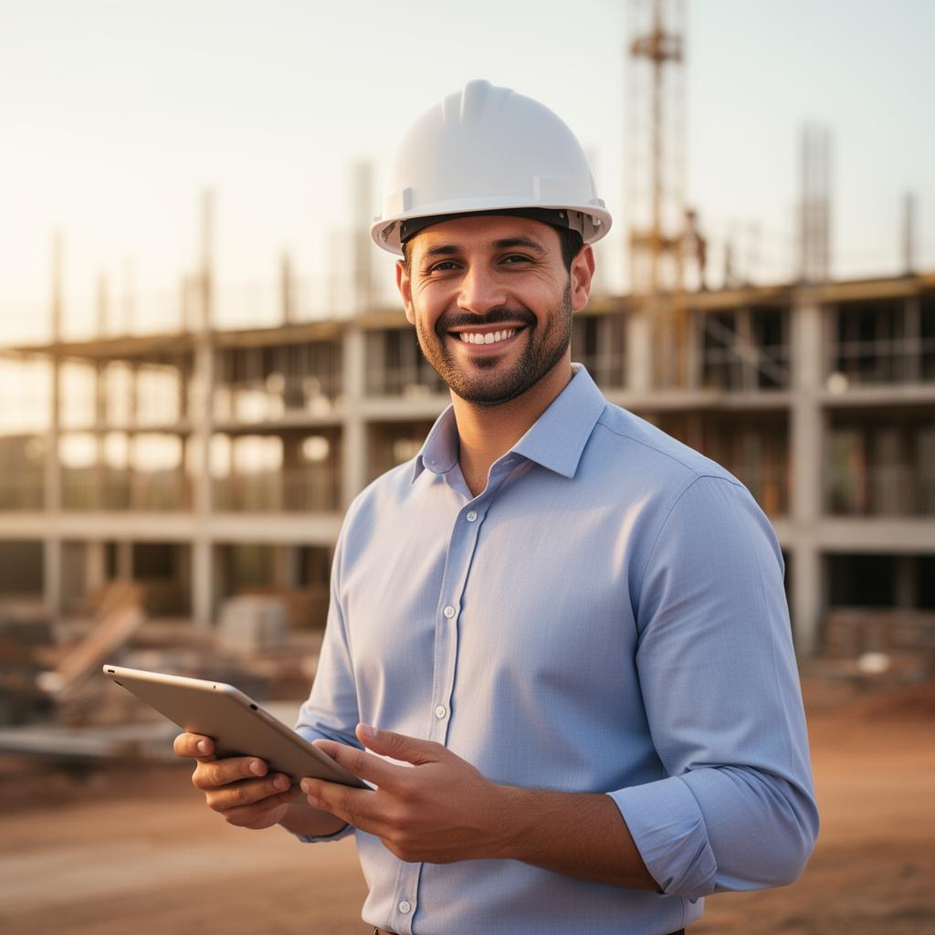 Gestor de obra sorrindo com tablet em canteiro de obras